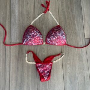 NPC Red Shimmer Competition Bikini- D Cup, Small Bottom 1/2 Pucker